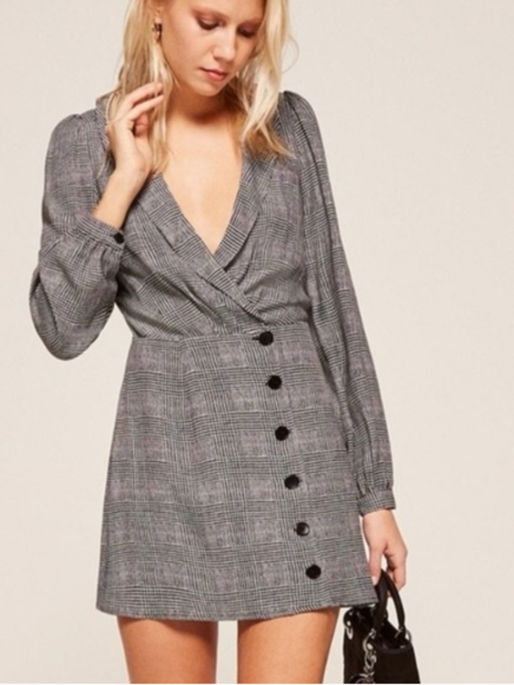 Reformation Grey Plaid 'Woodbury' Mini Wrap Dress Black White Size 4
